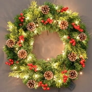 Pre-lit Artificial Christmas Wreath Decoration Realistic Feel for Front Door with Mixed Decorations and Pre-Strung White LED Lights - B